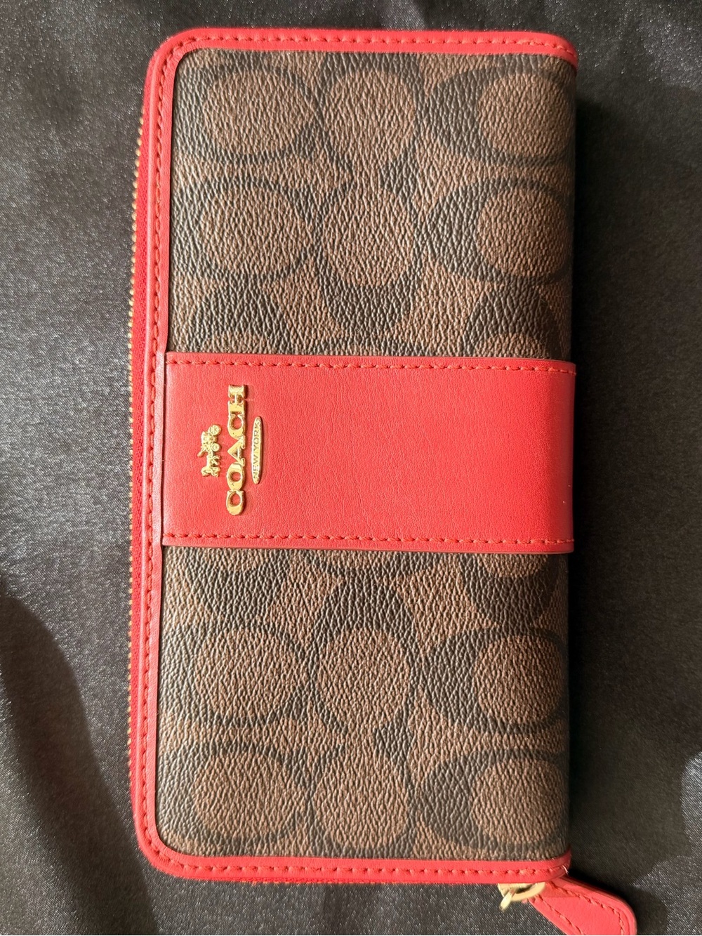 Coach Brown Signature with Red Trim and Gold Hardware Long Accordion Wallet